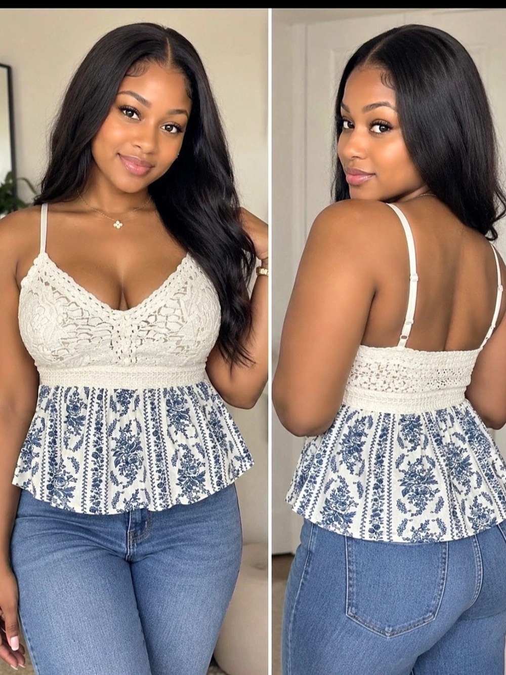 Free People Rome Printed Tank Floral Cami White & Blue